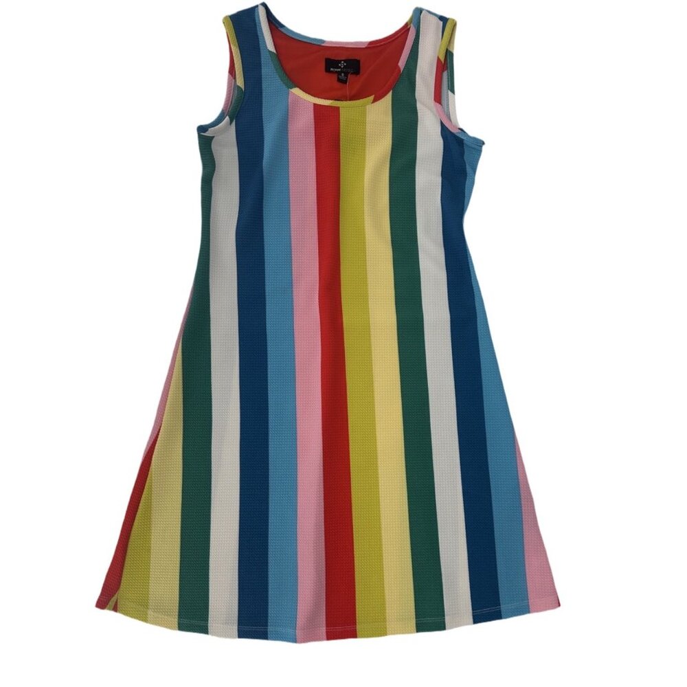 NWT Bright Rainbow Stripe Trapeze Waffle Knit Beach Cover Up Dress Small